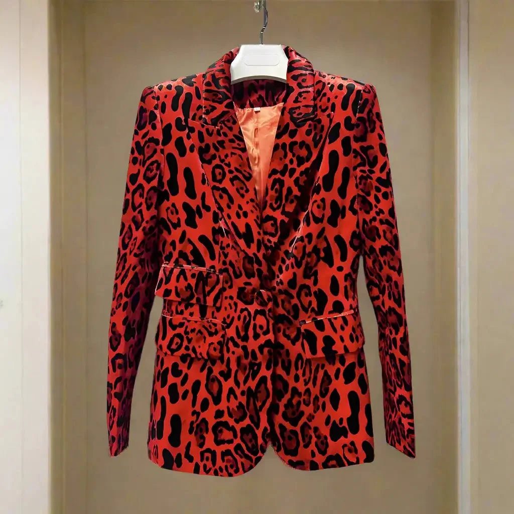 Women's Suits Leopard Print Velvet Blazer High Waist Slim Pants - HalleBeauty